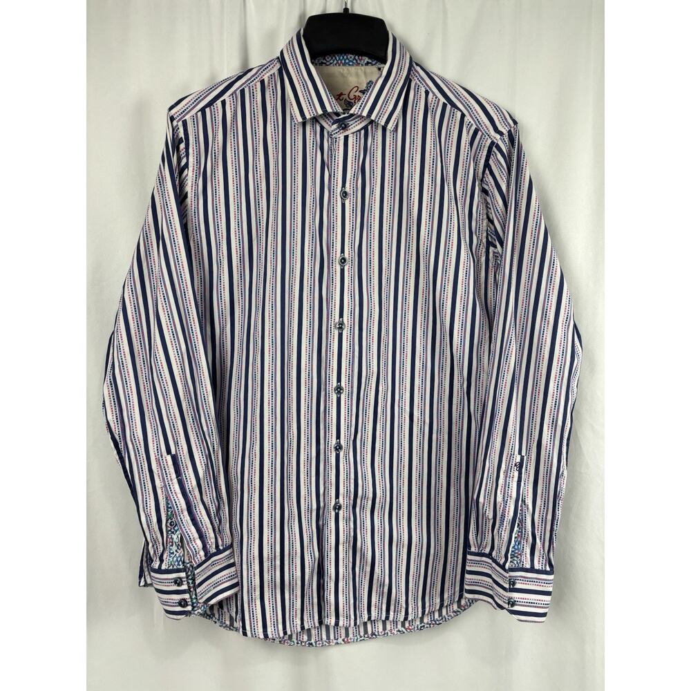 Robert Graham Classic Fit Button Front Striped Shirt Men's Sz L Blue Pink